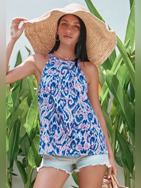 Cupshe Tops - Cupshe • Women’s Boho Vibrant Blue Pink Ikat Print Halter Sleeveless Tank Blouse